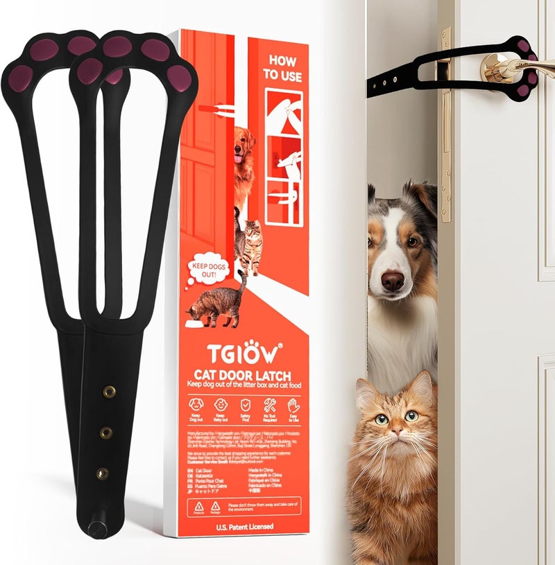 TGIOW Cat Door Latch, 2 Pcs Cat Door Stopper Pet Door Latch to Keep Dog Out of Litter Box and Food, Door Prop for Cat with 4 Adjustable Size Strap 2.2-5" Wide, No Measuring, Easy to Install, Black - Image 1